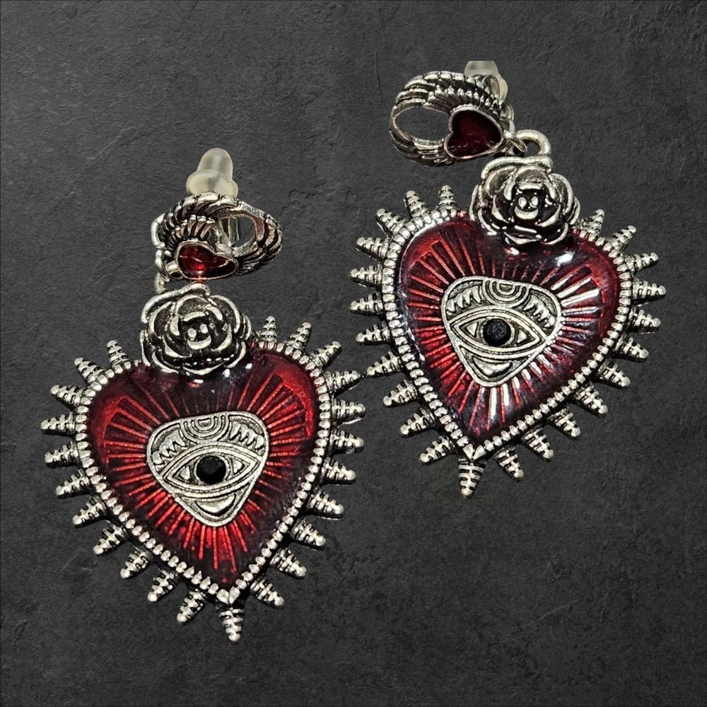 Love All Seing Dangle Earrings Rose & Heart Spikes Mystical Eye Red Enamel Goth